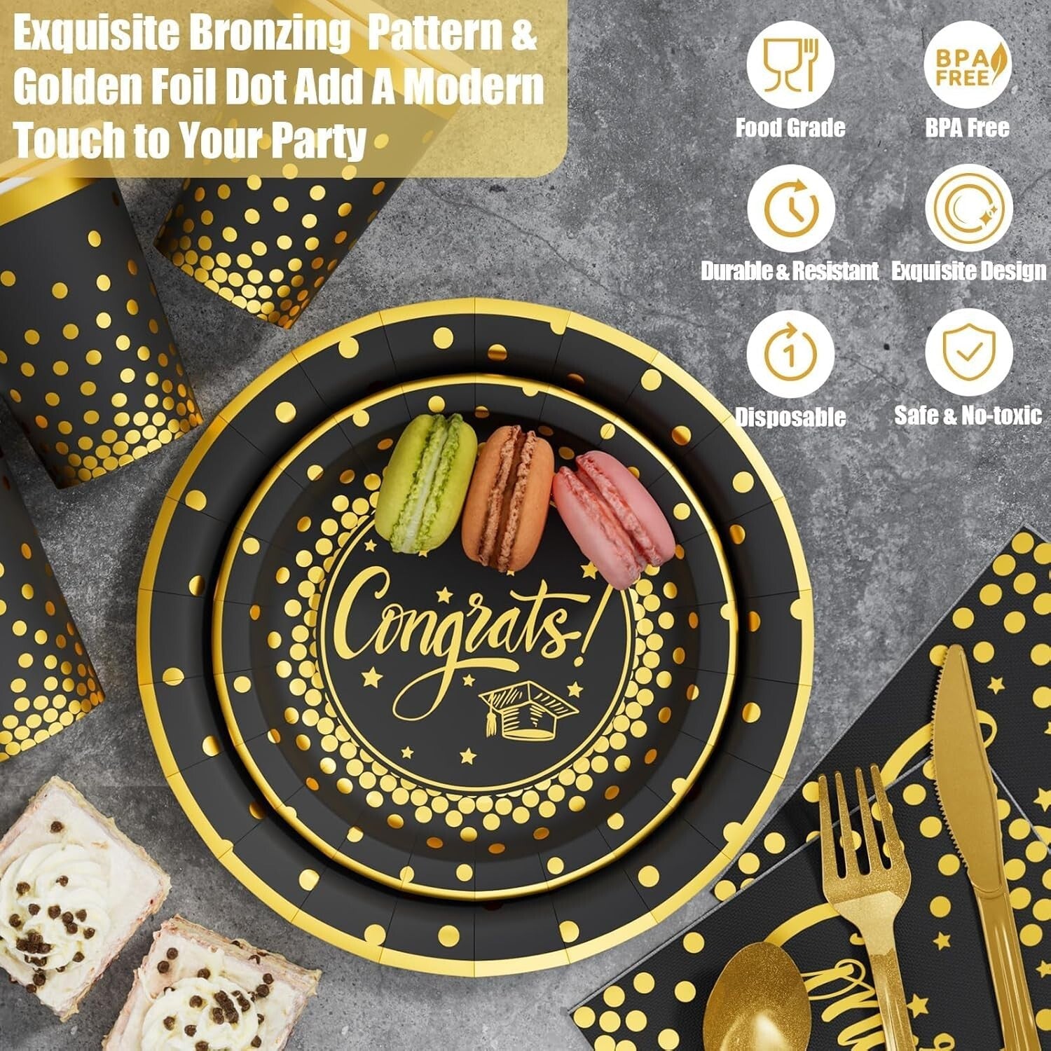 One-Stop Graduation Party Kit - 245pcs Black & Gold Supplies for Easy Hosting