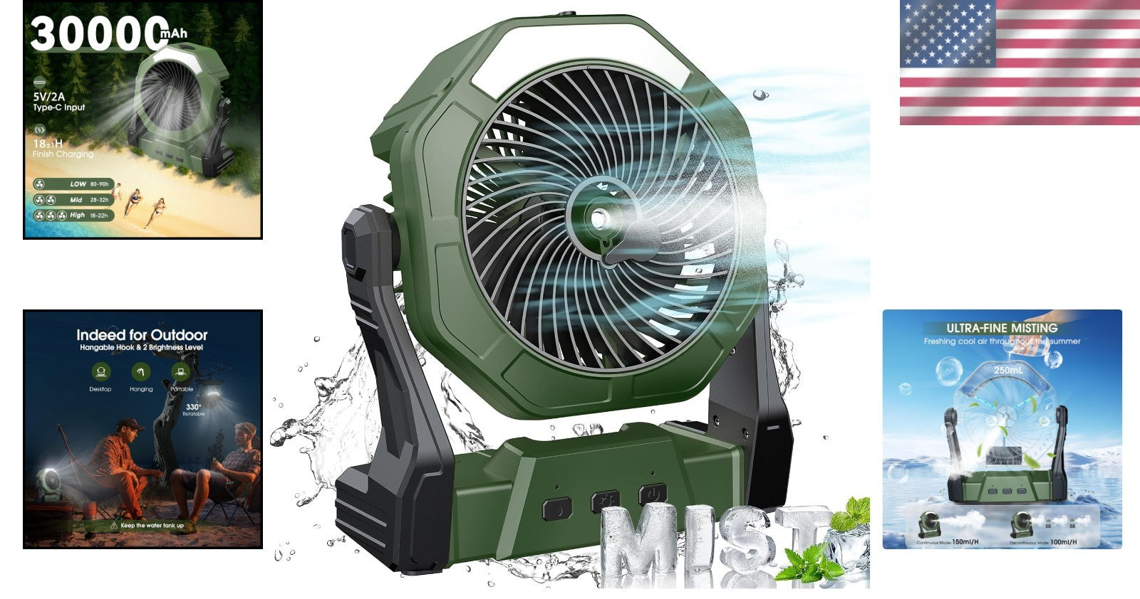 Durable Portable Misting Fan with Three Speeds & LED Light - Ideal for Outdoors