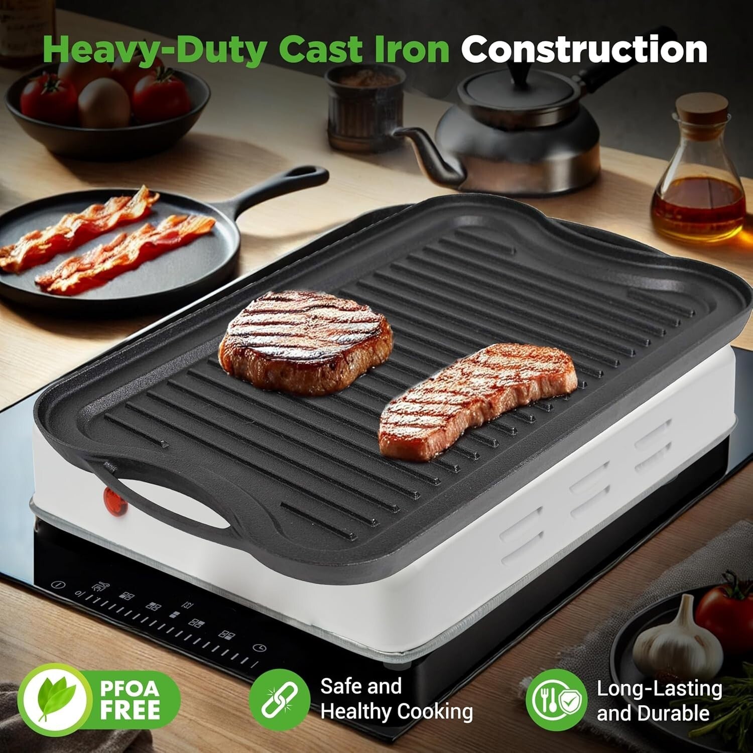 Oven Safe Cast Iron Griddle with Reversible Sides - Ideal for Grilling & Cooking