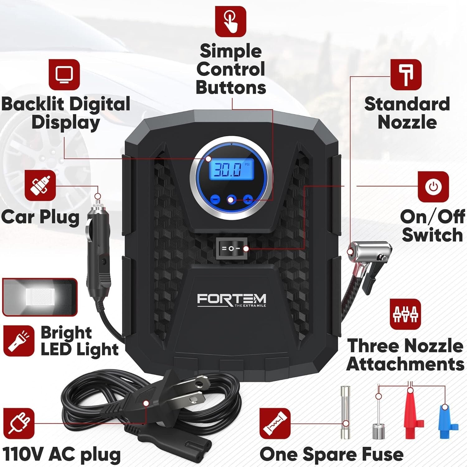 150 PSI Portable Tire Inflator with Digital Gauge & Auto Shut Off - Black