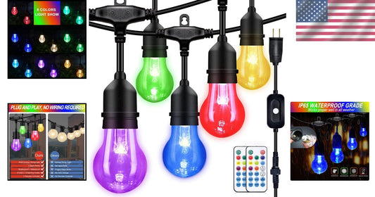 48FT RGB LED Outdoor String Lights with Remote - 16 Shatterproof Edison Bulbs