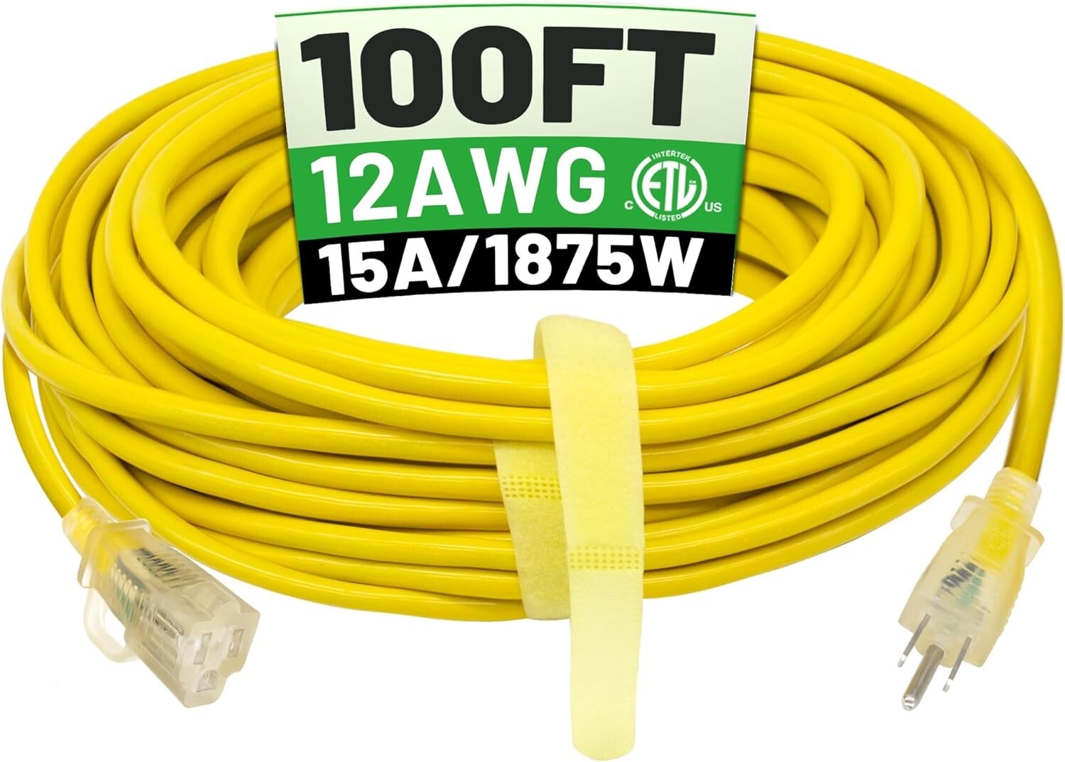 Durable 100 ft 12 Gauge Outdoor Extension Cord - Weatherproof with Strain Relief