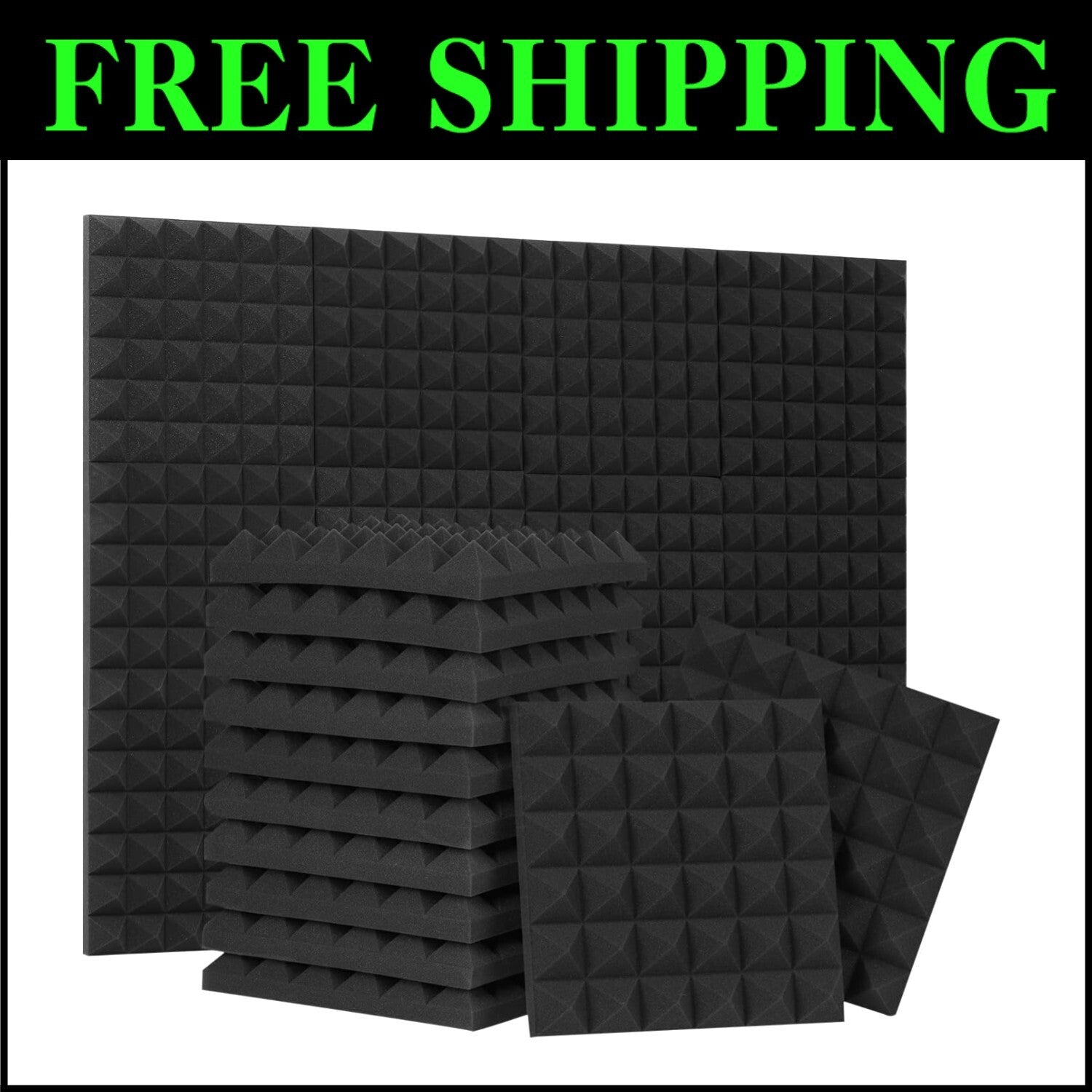 High Density 12x12x2 Acoustic Foam Pyramid Panels - 24 Pack with Easy Install