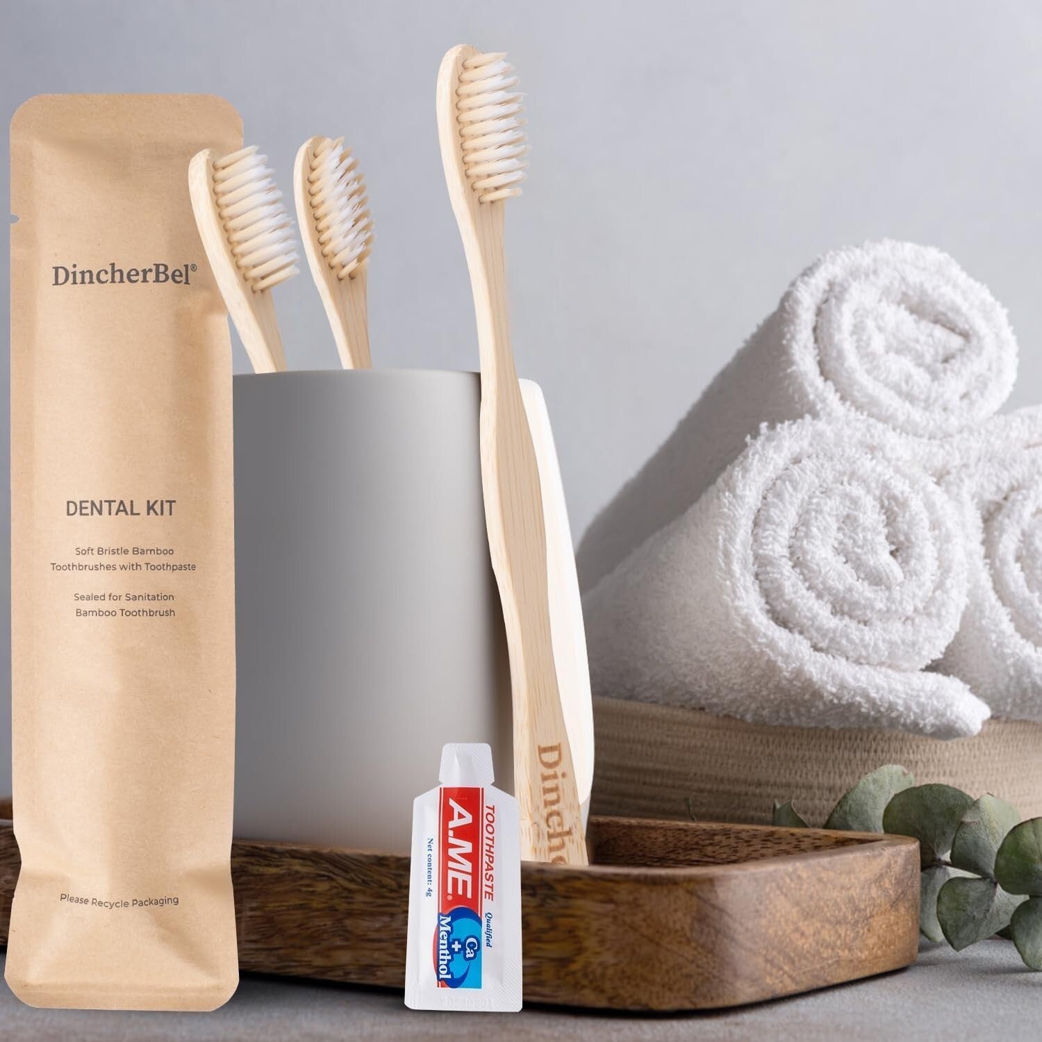 Biodegradable Travel Toothbrush Kit - 50 Disposable Bamboo Brushes & Toothpaste