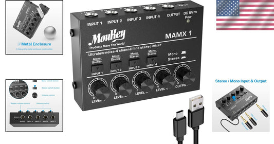 4 Stereo Channel Mini Audio Mixer with Low Noise for Guitars & Keyboards