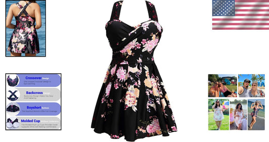 Women's Vintage Floral Crossover One Piece Swimdress - Premium Quality Swimwear