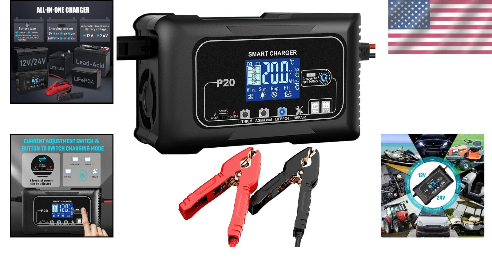 Durable 20A Smart Battery Maintainer for 12V and 24V Vehicles - Safe & Efficient