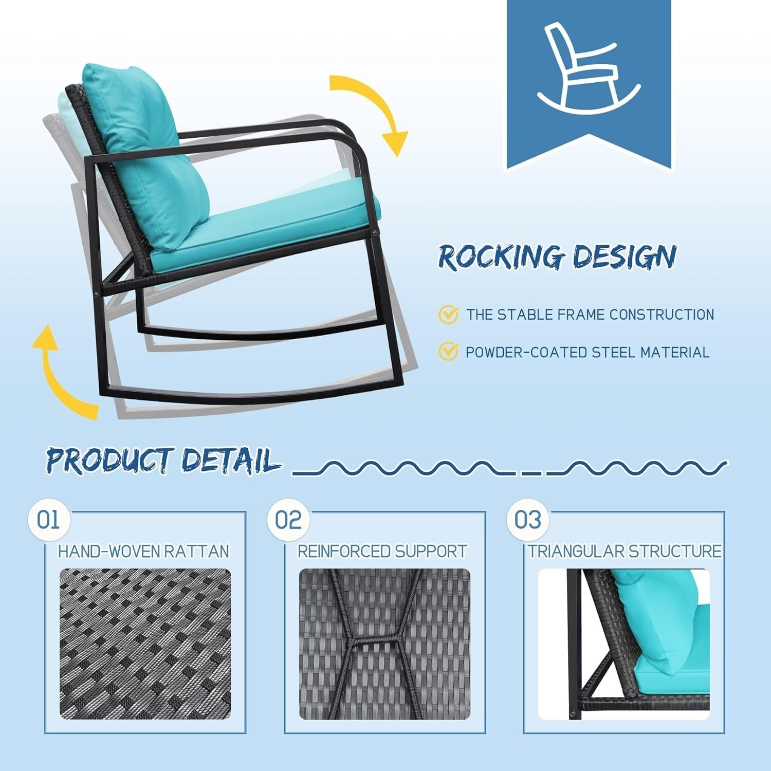 Durable Patio 3-Piece Rocking Wicker Set with Glass Table - Blue Elegance