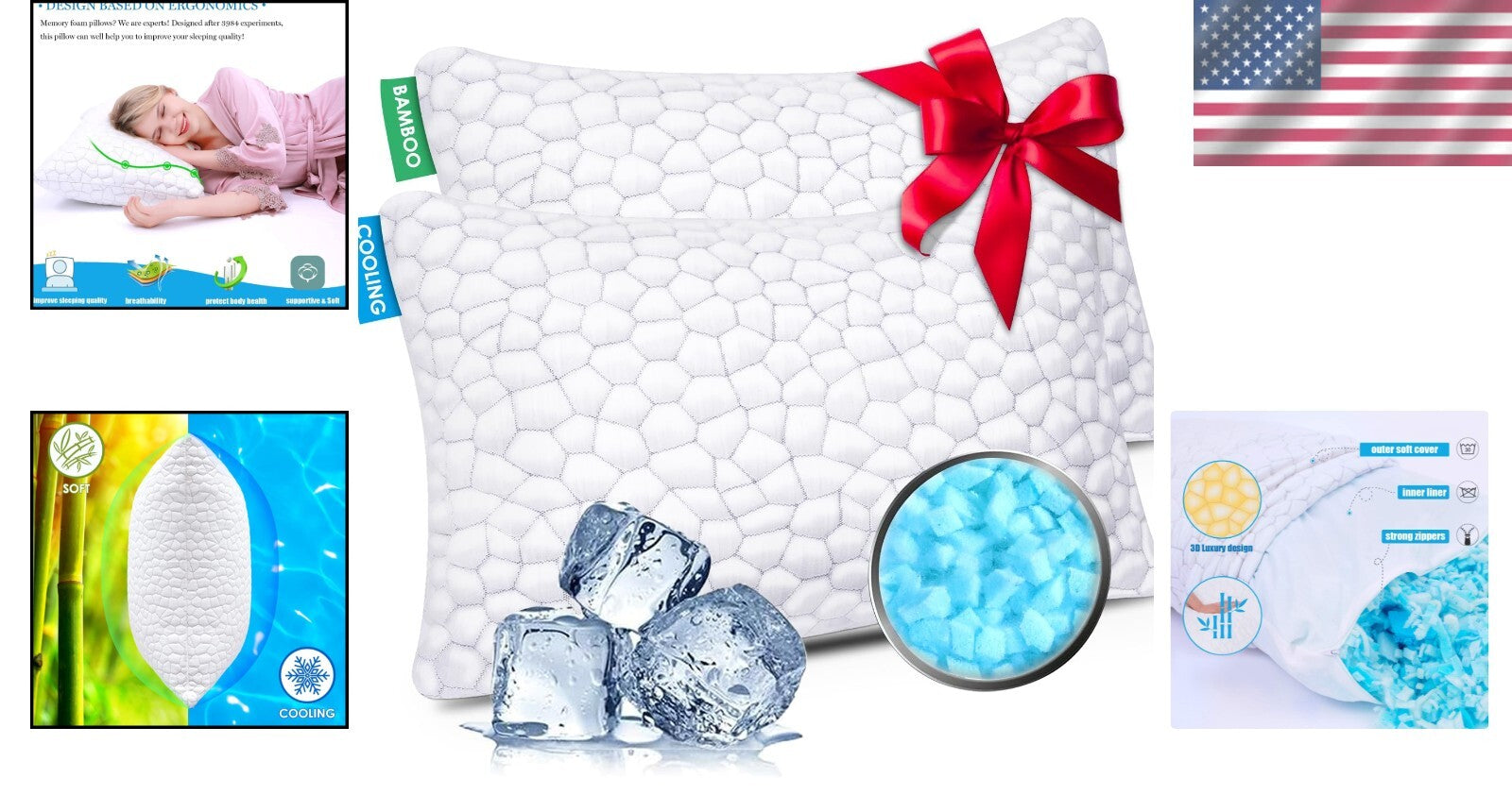 Adjustable King Size Pillows for All Sleep Positions - Soft Gel Foam (Set of 2)