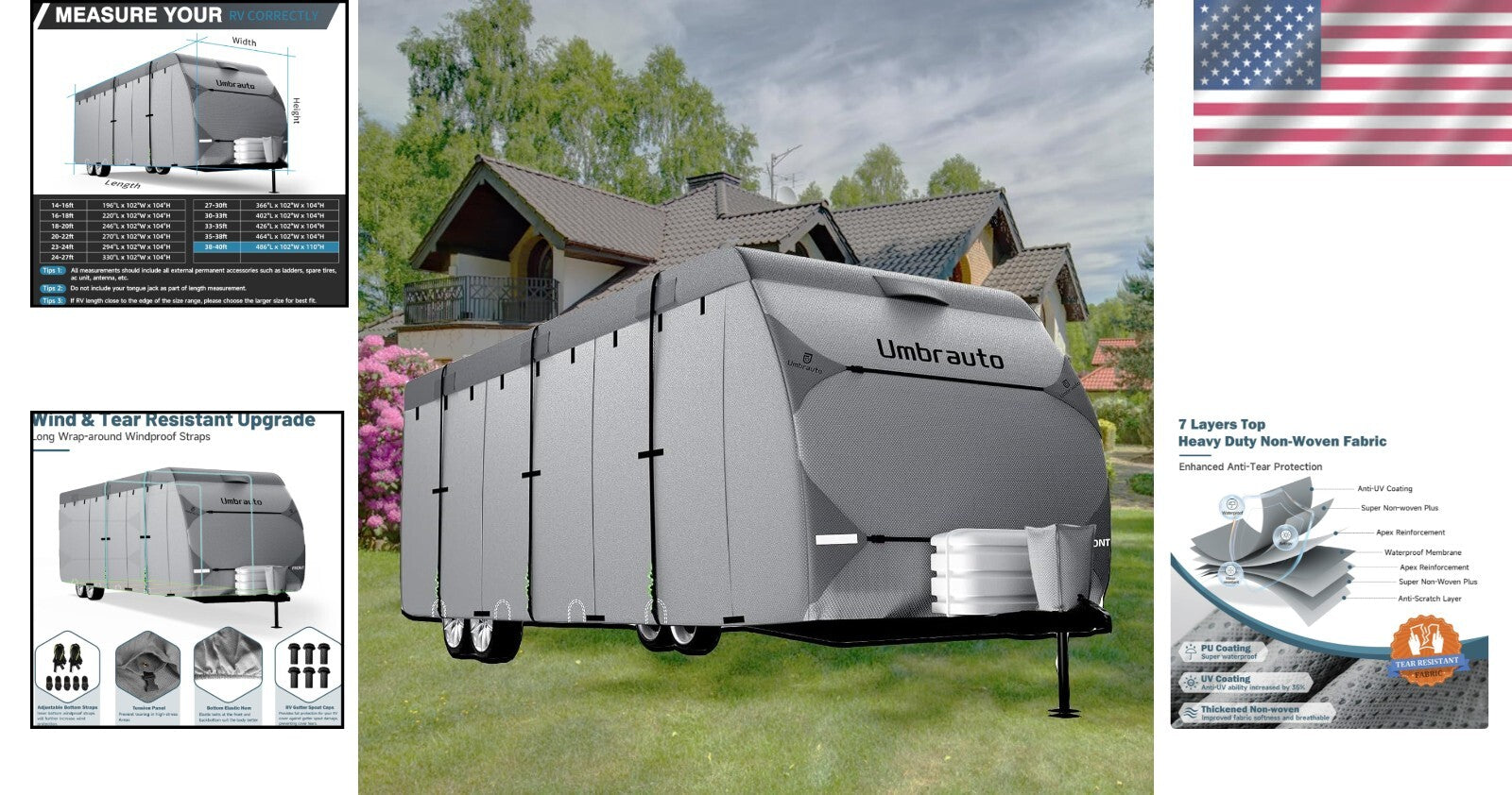 Universal Fit Waterproof Travel Trailer Cover with Windproof Ropes and Gutters