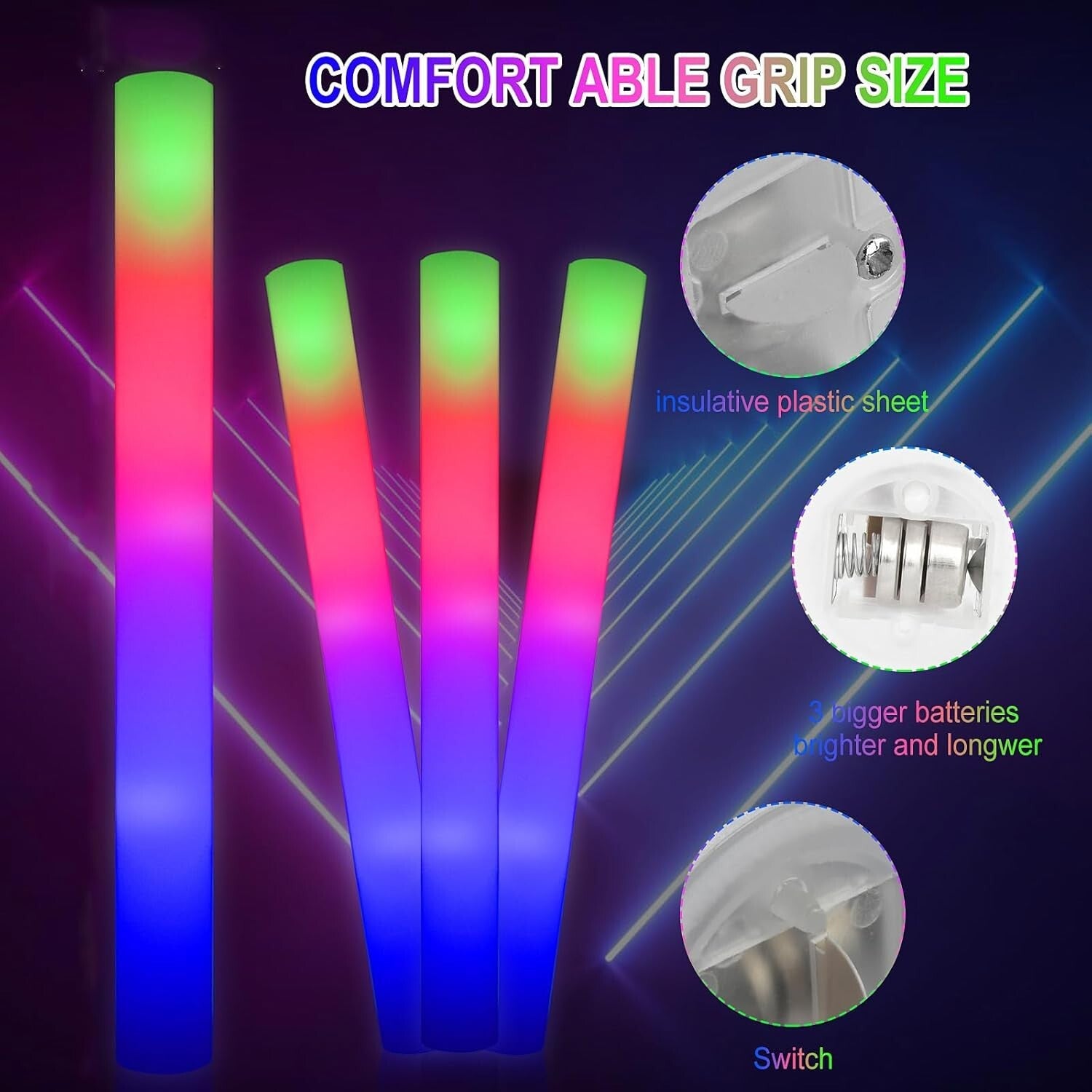 42 Pack LED Foam Glow Sticks - Three Flashing Modes for Unforgettable Parties