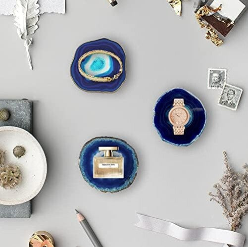 Natural Blue Agate Drink Coasters Set of 4 with Gold Rim - Perfect Gift Choice