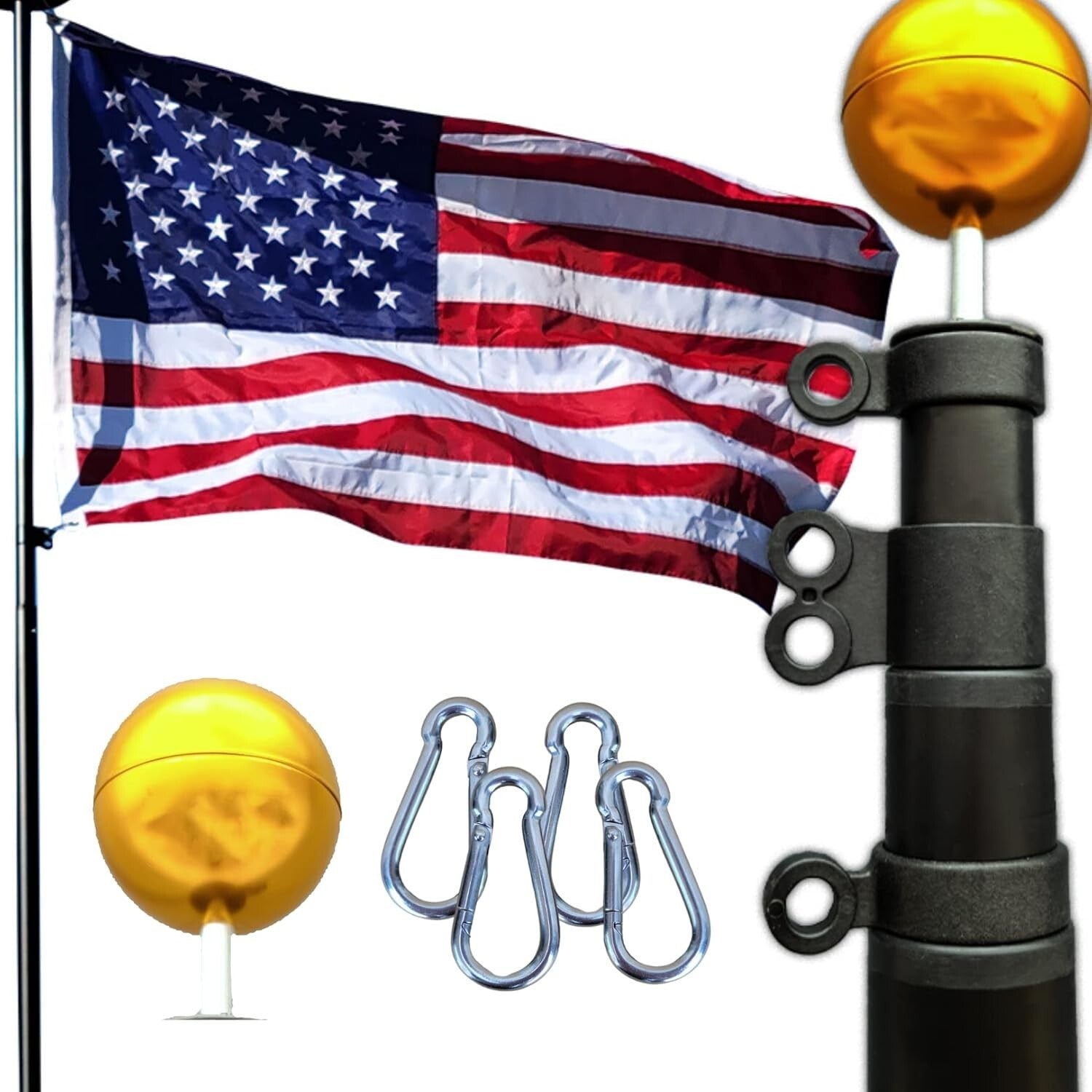 25FT Telescoping Black Flagpole Kit - Anti-Tangle Design for Residential Use