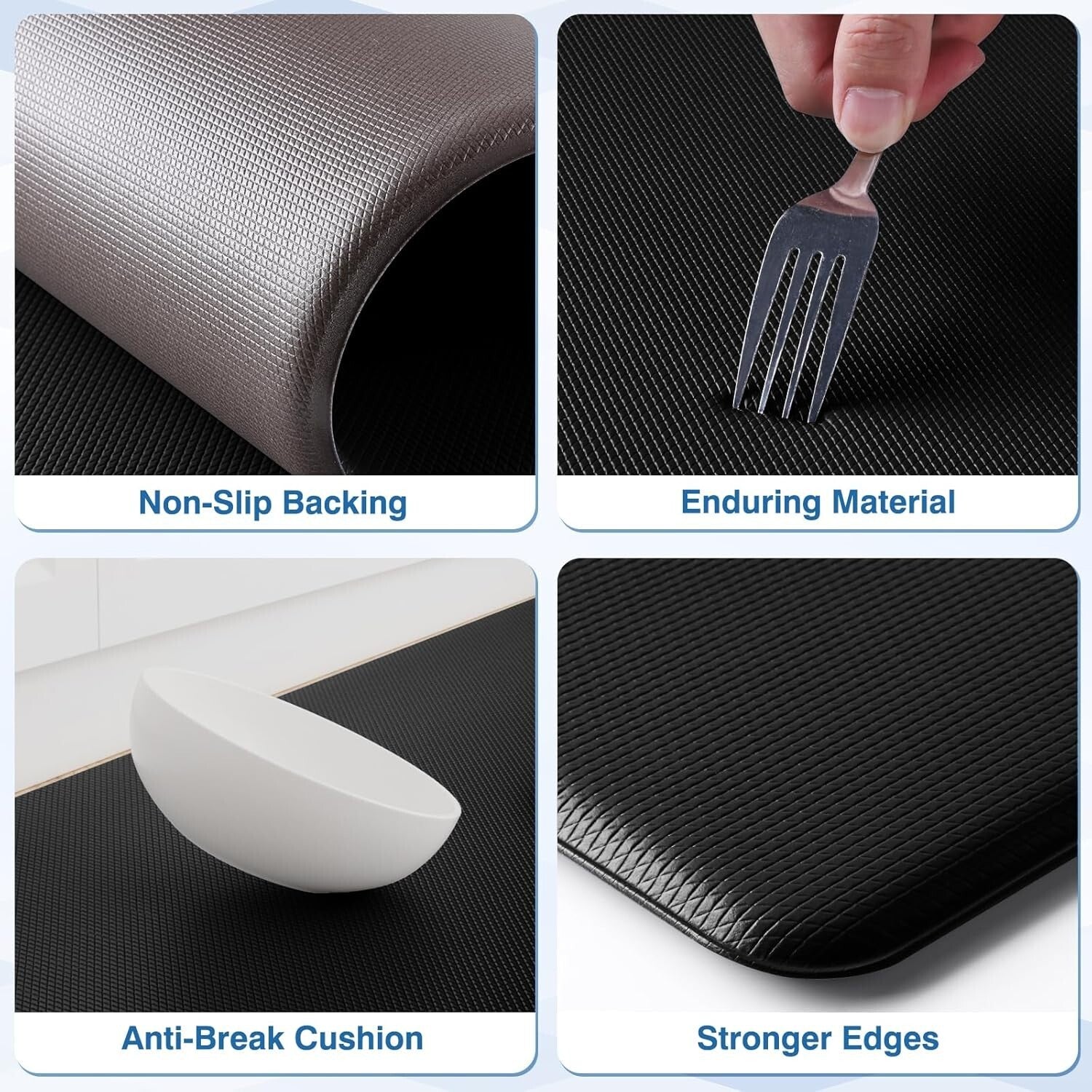 Black Non-Slip Anti-Fatigue Kitchen Mats Set - 17.3"x30" & 17.3"x70" for Comfort