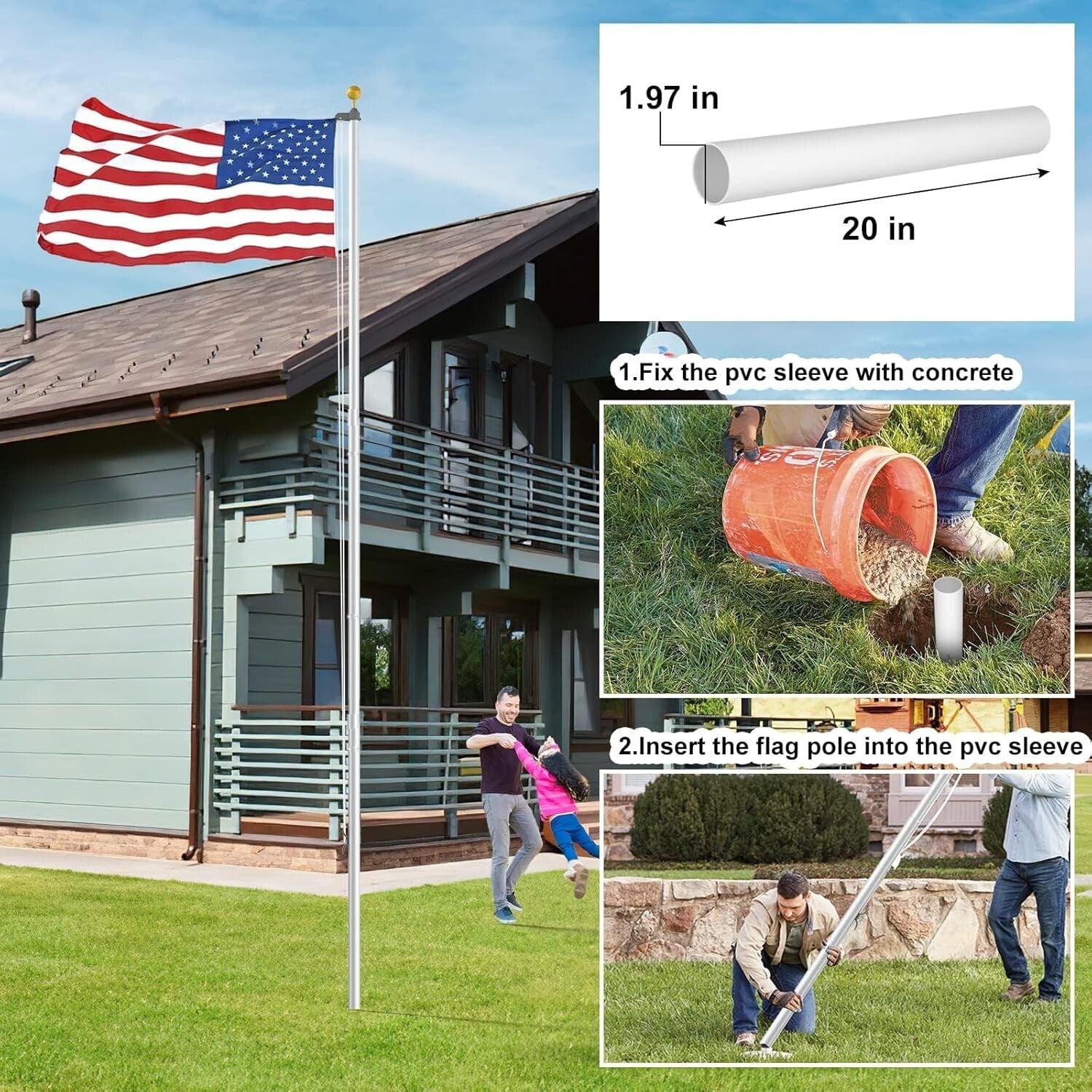 20 FT Heavy Duty Aluminum Flag Pole Kit with 3x5 American Flag - Silver Finish