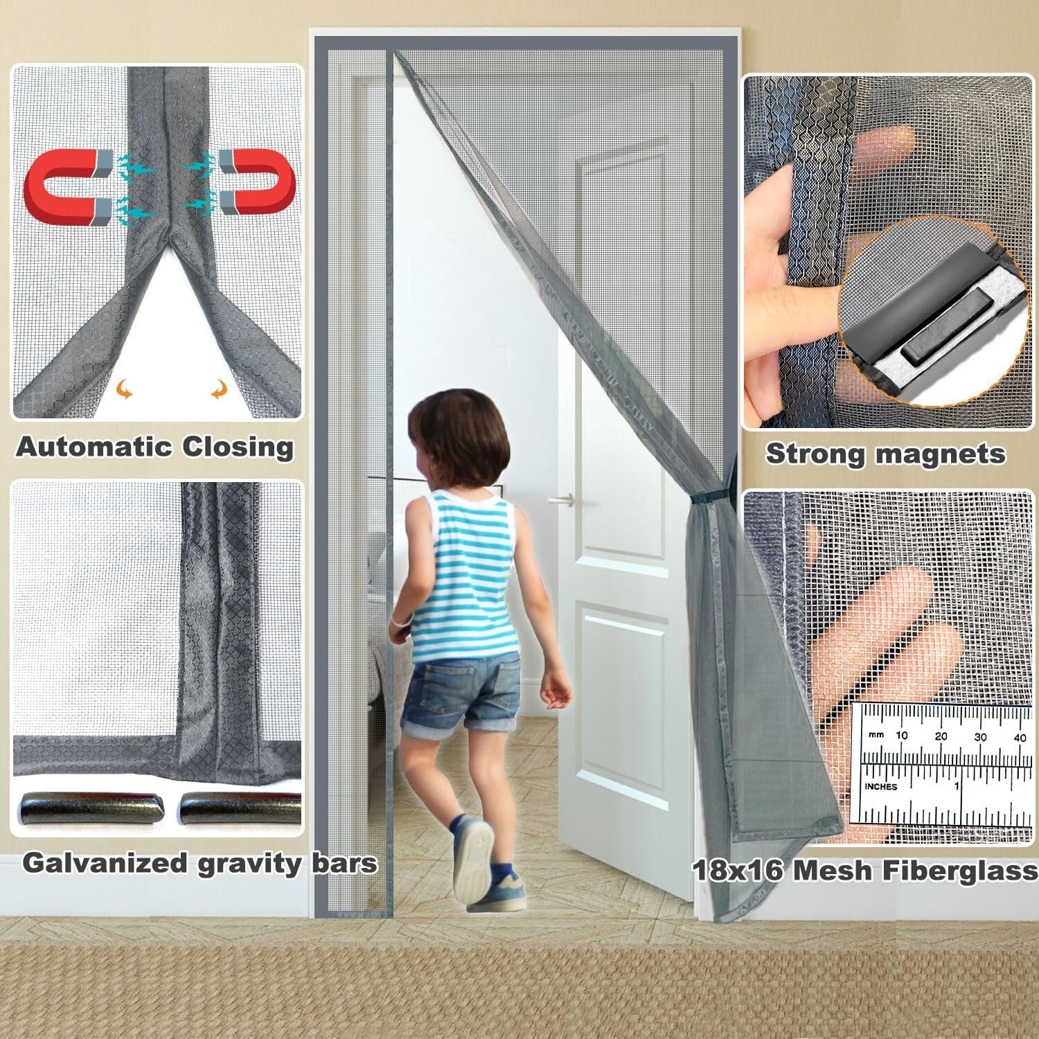 72x96” Grey Magnetic Fiberglass Screen Door - Keep Bugs Out, Invite Fresh Air