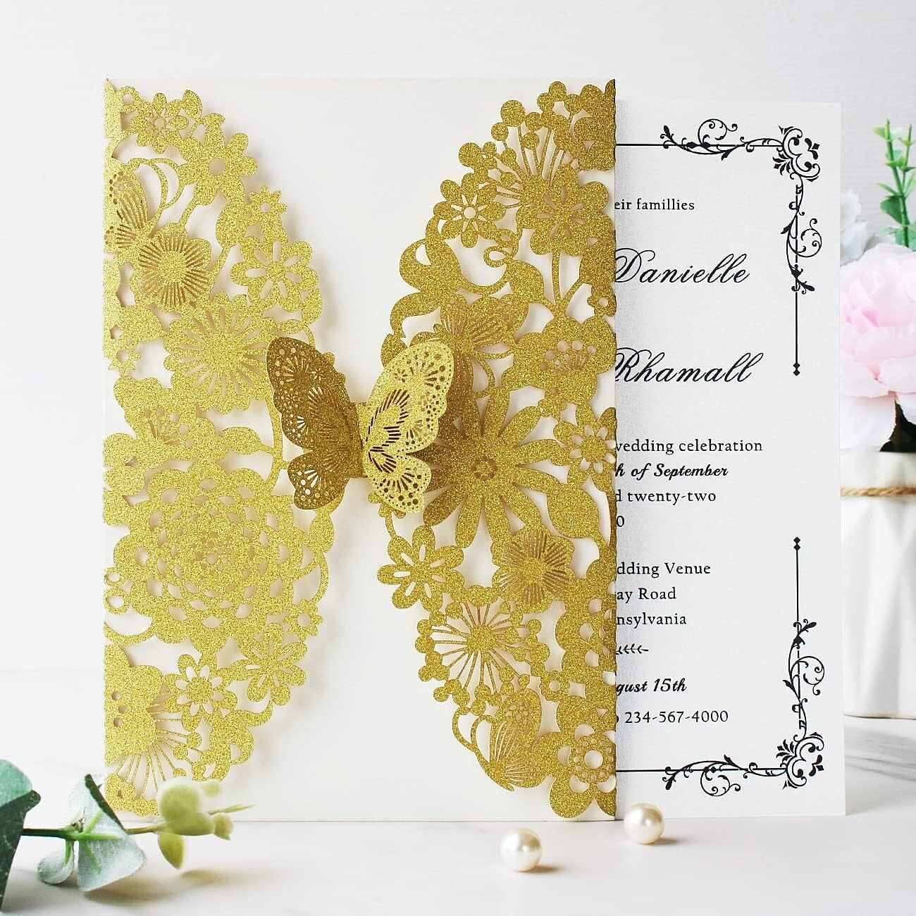 50 PCS Gold Laser Cut Lace Flora Wedding Invitations with Butterfly & Envelopes