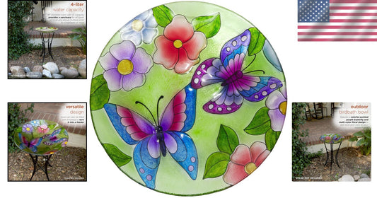 Decorative 18" Glass Birdbath Bowl with Butterfly & Floral Design for Outdoors