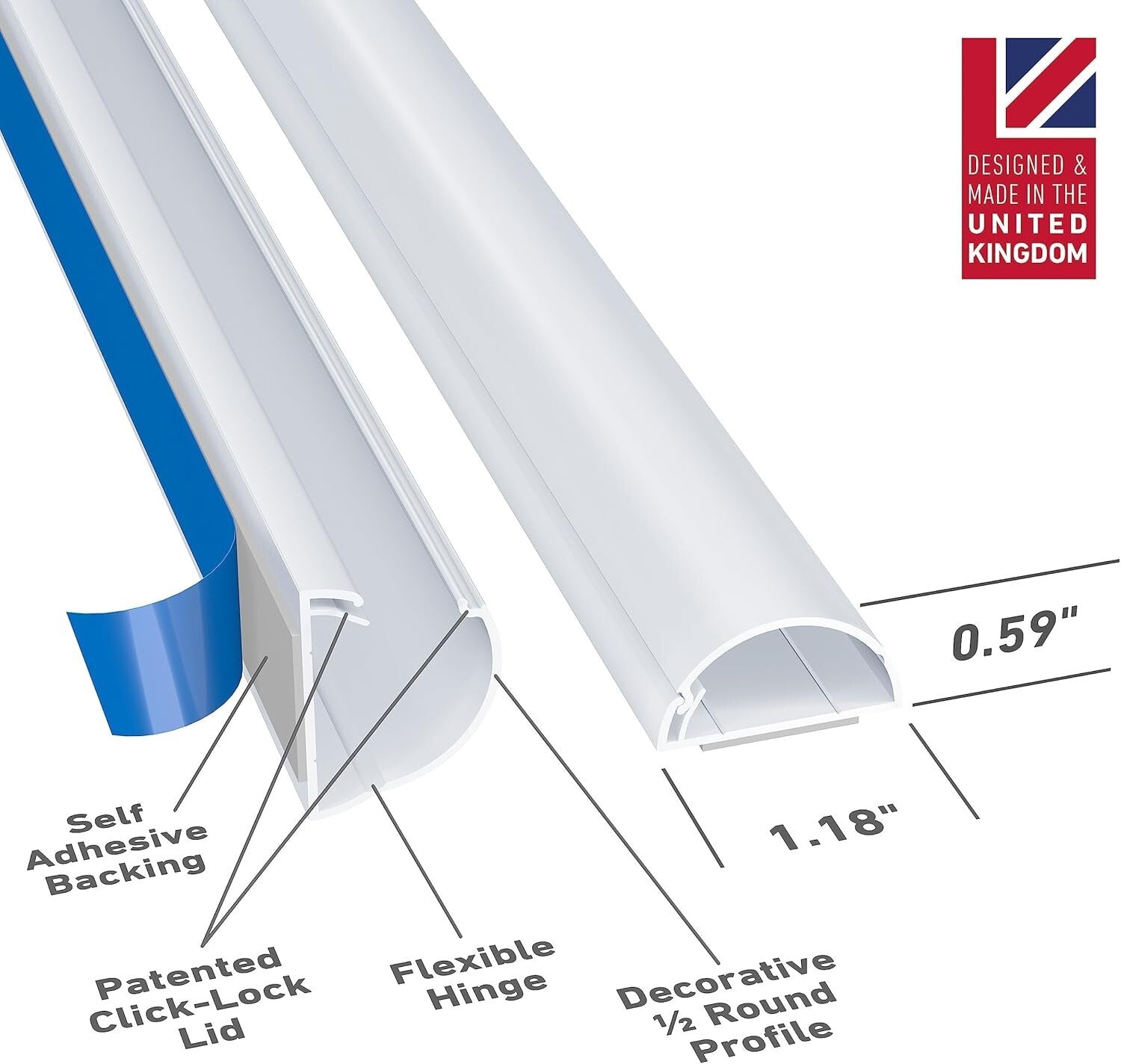 30ft Self-Adhesive Cable Raceway Kit - Discreet Half Round Hider with 10 Add-Ons