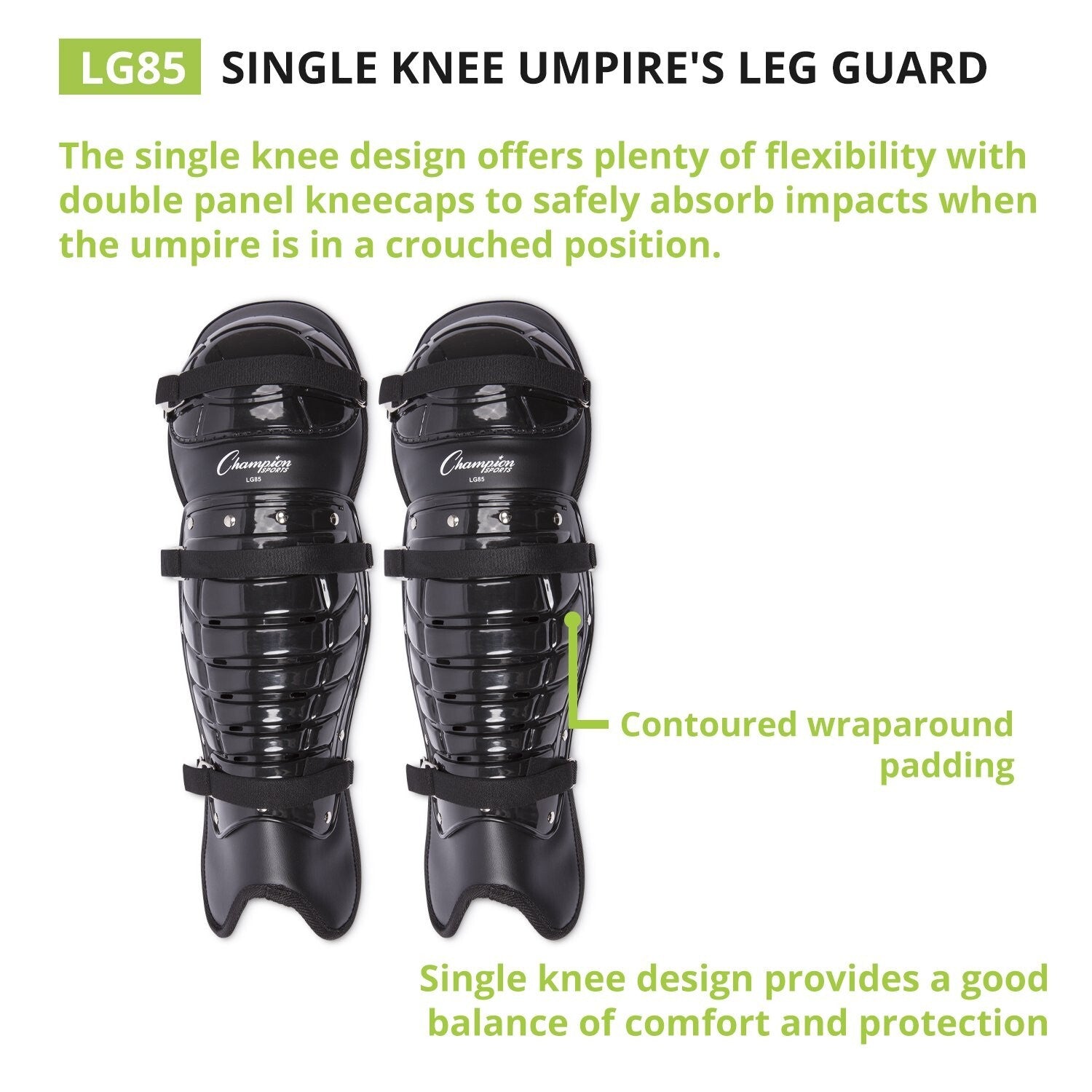 Enhanced Comfort Single Knee Umpire Leg Guards - Pair of 16.5” Black Shin Pads