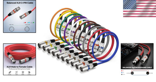2ft XLR Cable Set - 10 Colors, 3-Pin Male to Female for Mixer & Speakers
