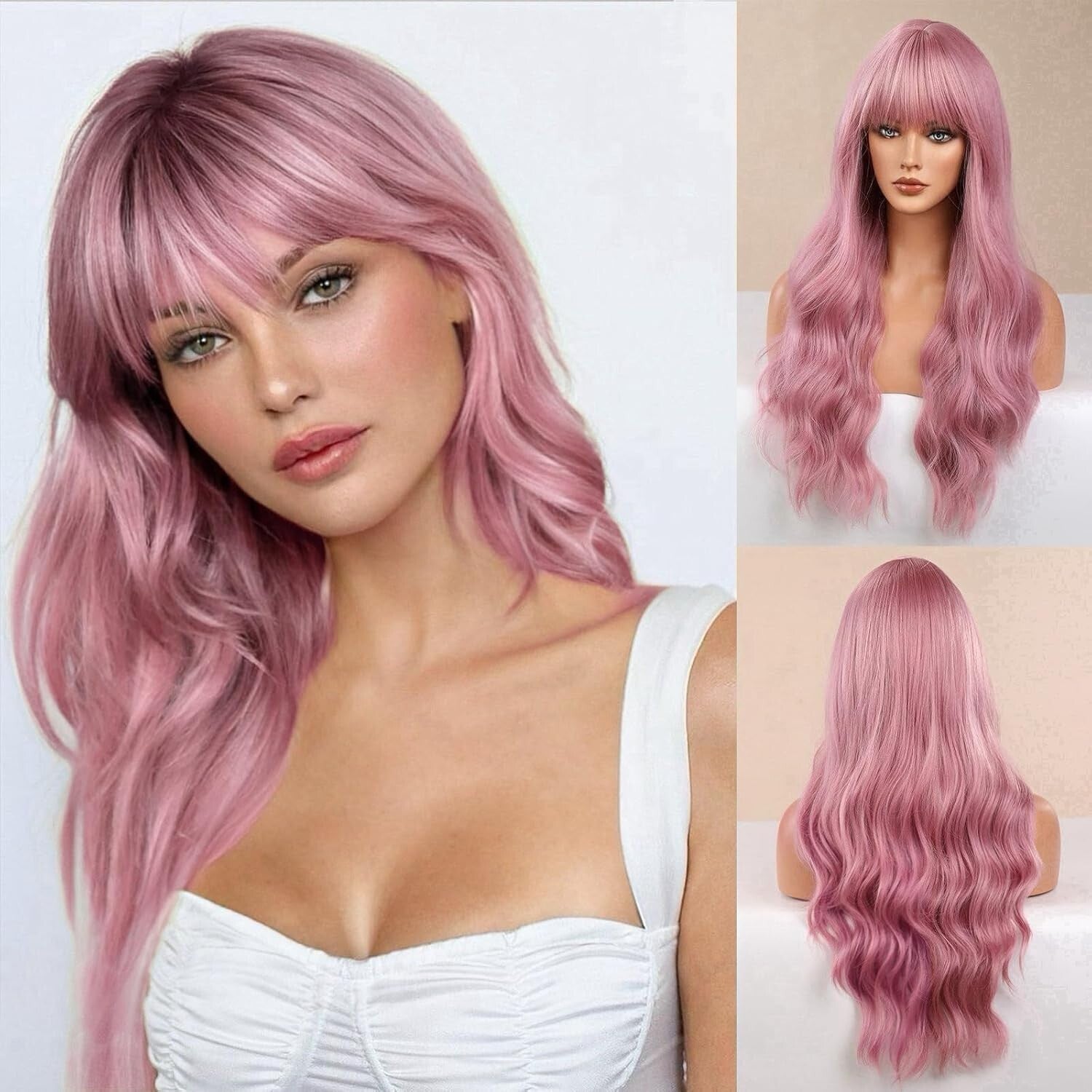 Breathable Baby Pink Wig with Natural Bangs – Heat Resistant for Daily Wear