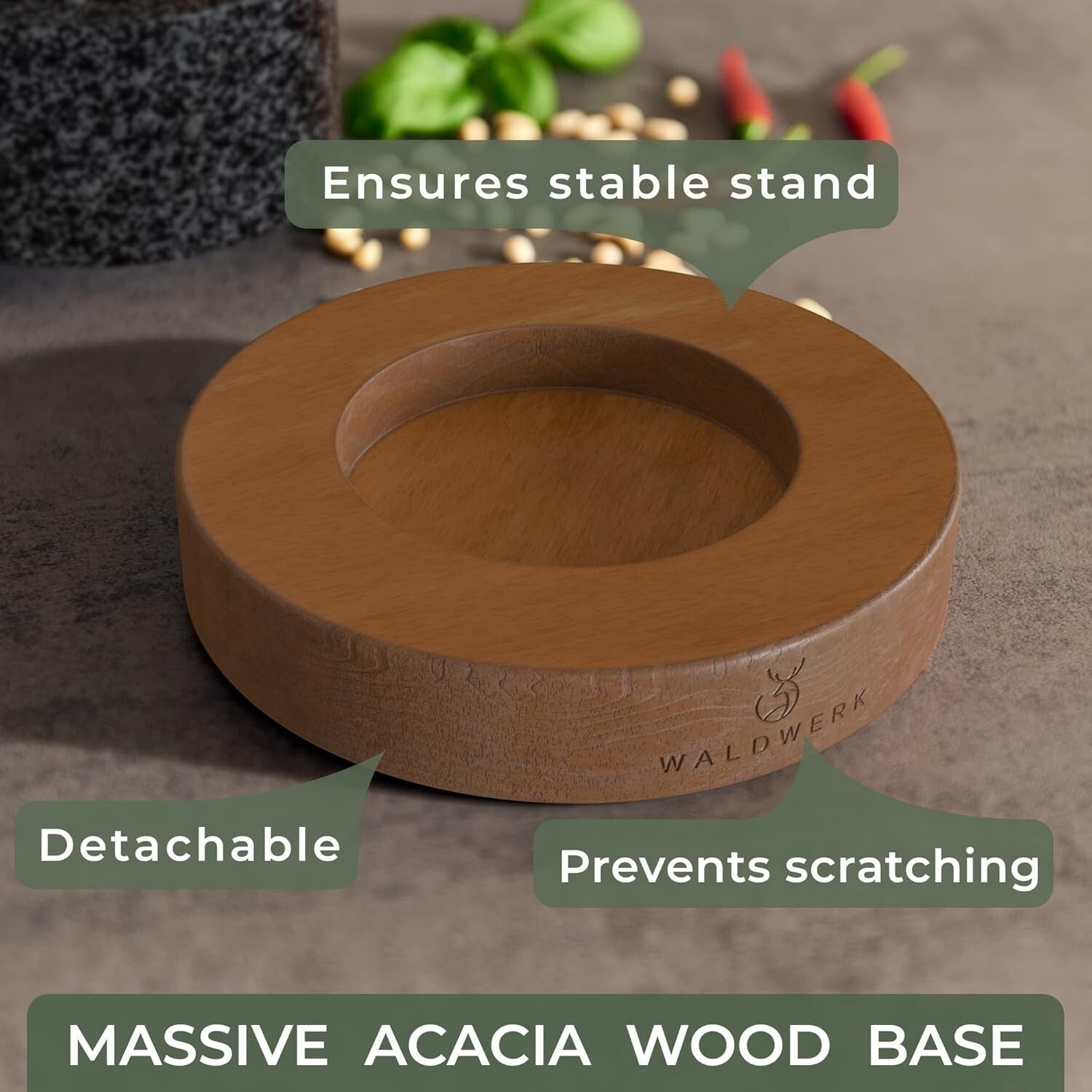 Extra Large Natural Granite Mortar and Pestle with Stylish Acacia Wood Stand