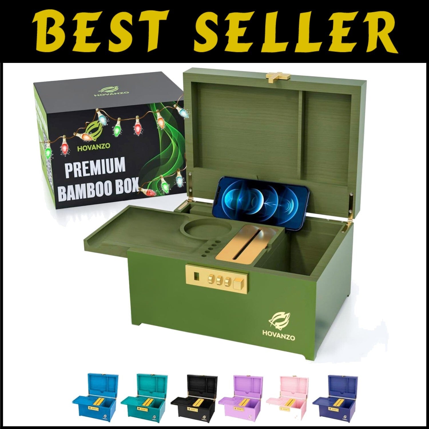 5-Compartment Locking Bamboo Box - Reinforced Storage with Customizable Tray