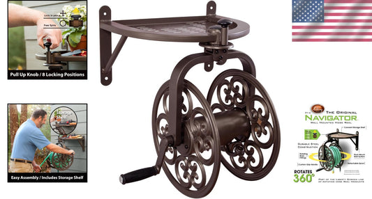 Weather-Resistant Navigator Hose Reel - Holds 125ft, Elegant Bronze Finish