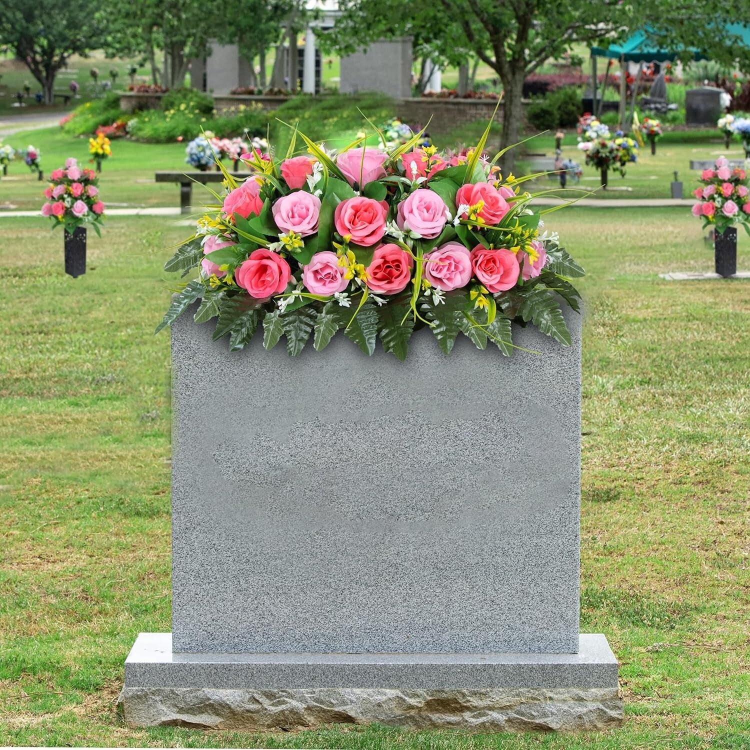 Elegant Rectangular Cemetery Flower Saddle: Lasting Rose Arrangement for Graves