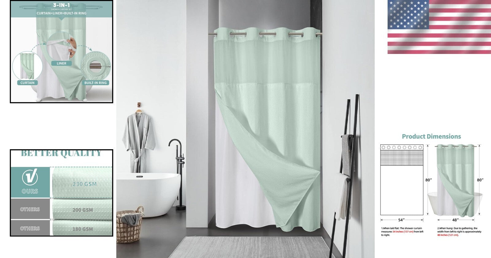 Hotel Quality Mint Green No Hook Shower Curtain with Liner - Easy Care Design