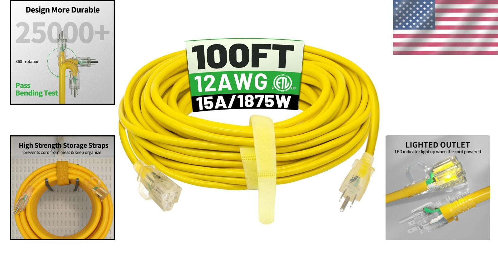 Durable 100 ft 12 Gauge Outdoor Extension Cord - Weatherproof with Strain Relief
