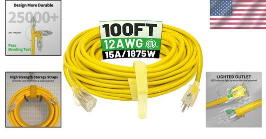 Durable 100 ft 12 Gauge Outdoor Extension Cord - Weatherproof with Strain Relief