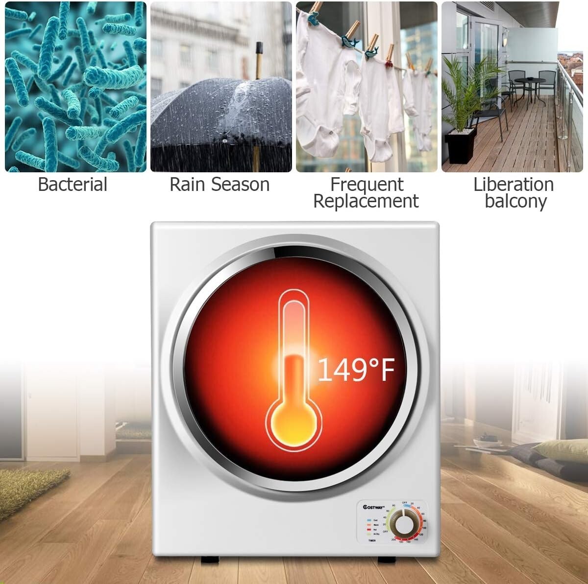 Efficient 110V Electric Clothes Dryer - 10 lbs Capacity, 4 Modes, Compact Design