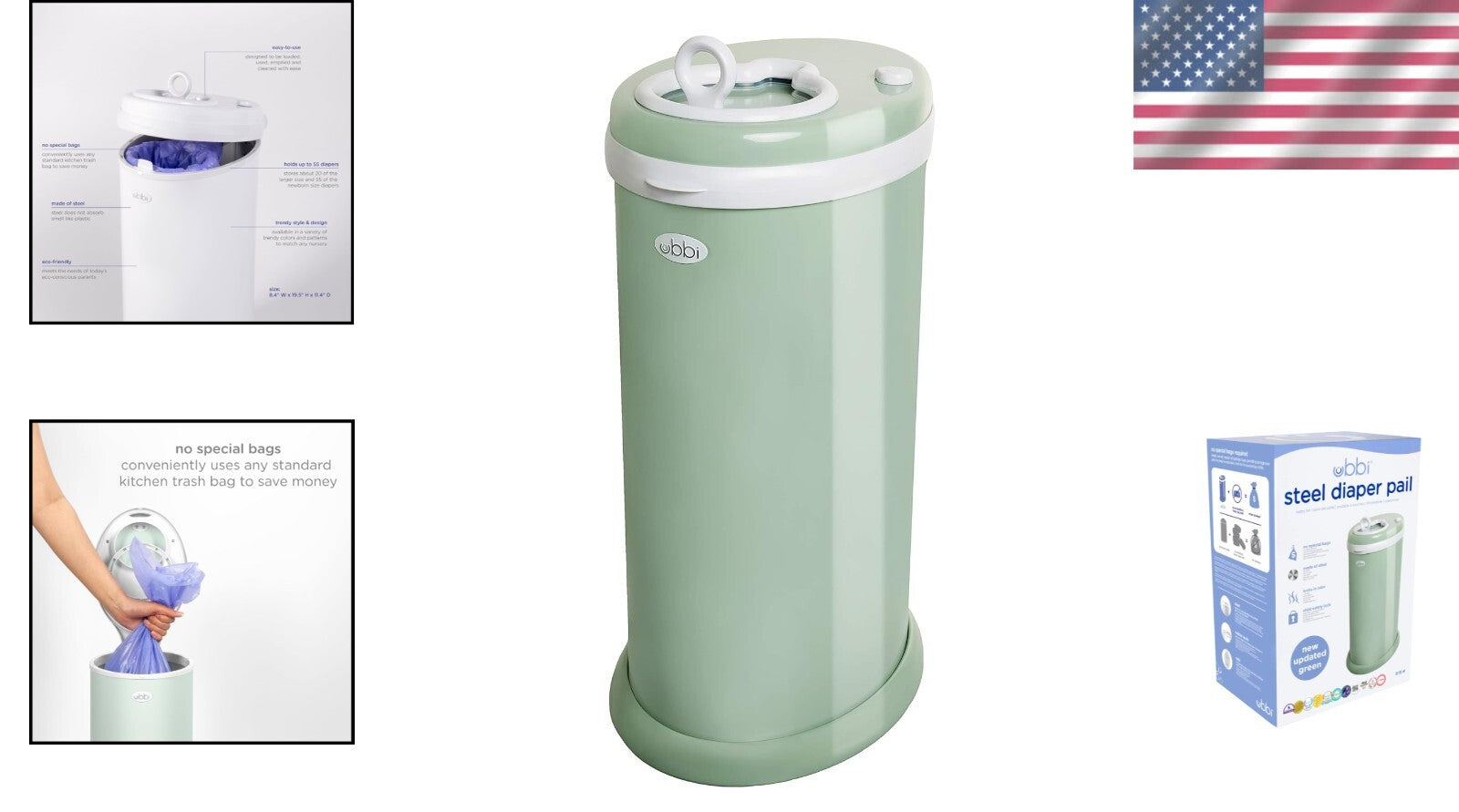 Essential Sage Green Diaper Pail - Innovative Odor Control Without Special Bags