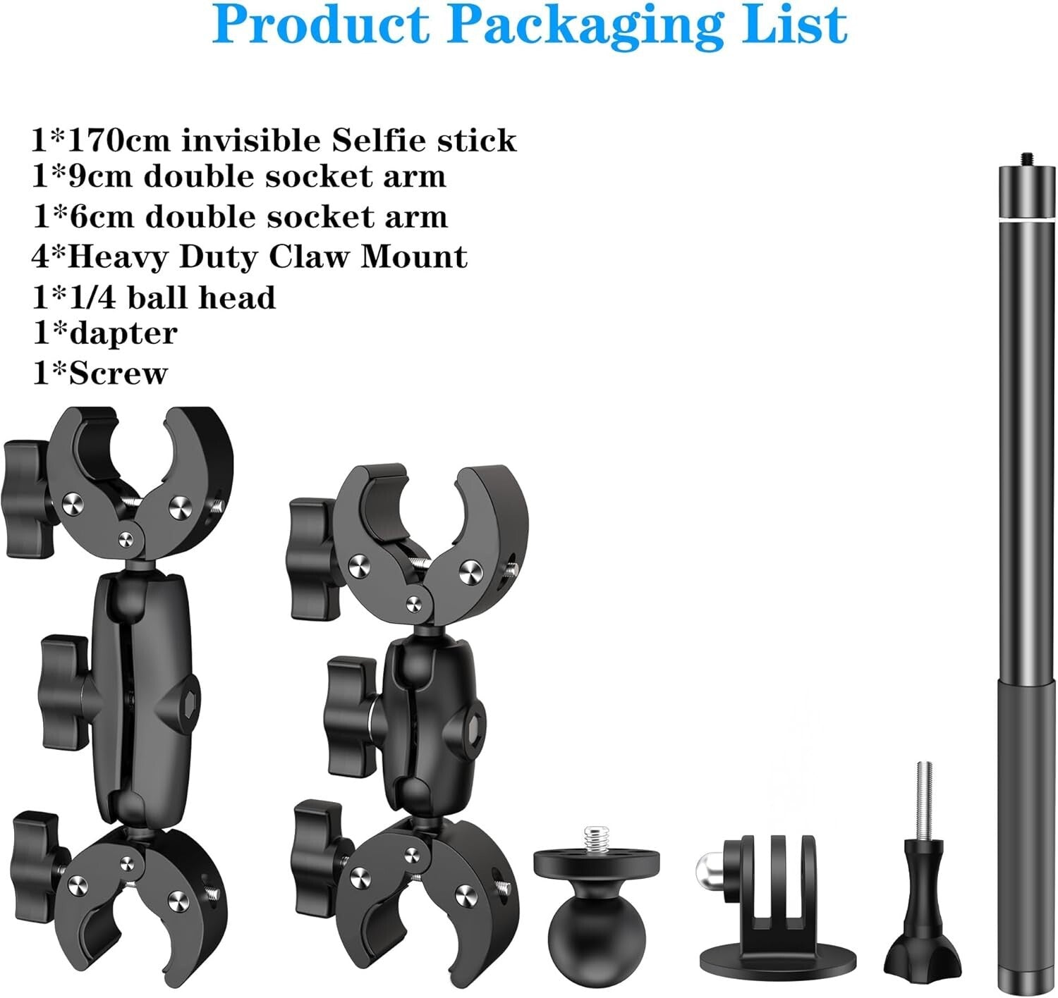 Motorcycle Handlebar Double Clamp Mount with 67" Selfie Stick for Action Cameras