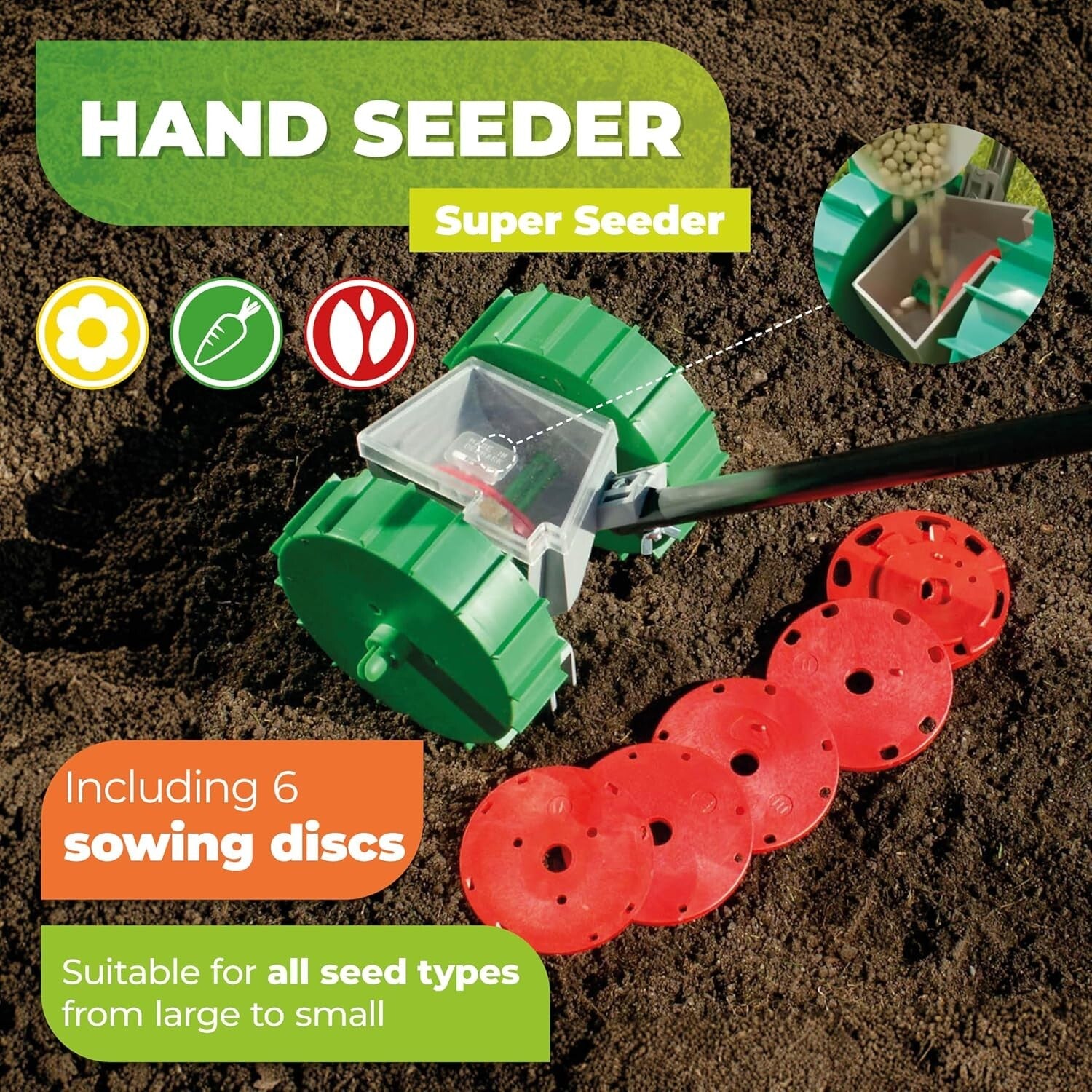Compact Ergonomic Seeder with 6 Disc Options for Efficient Vegetable Gardening