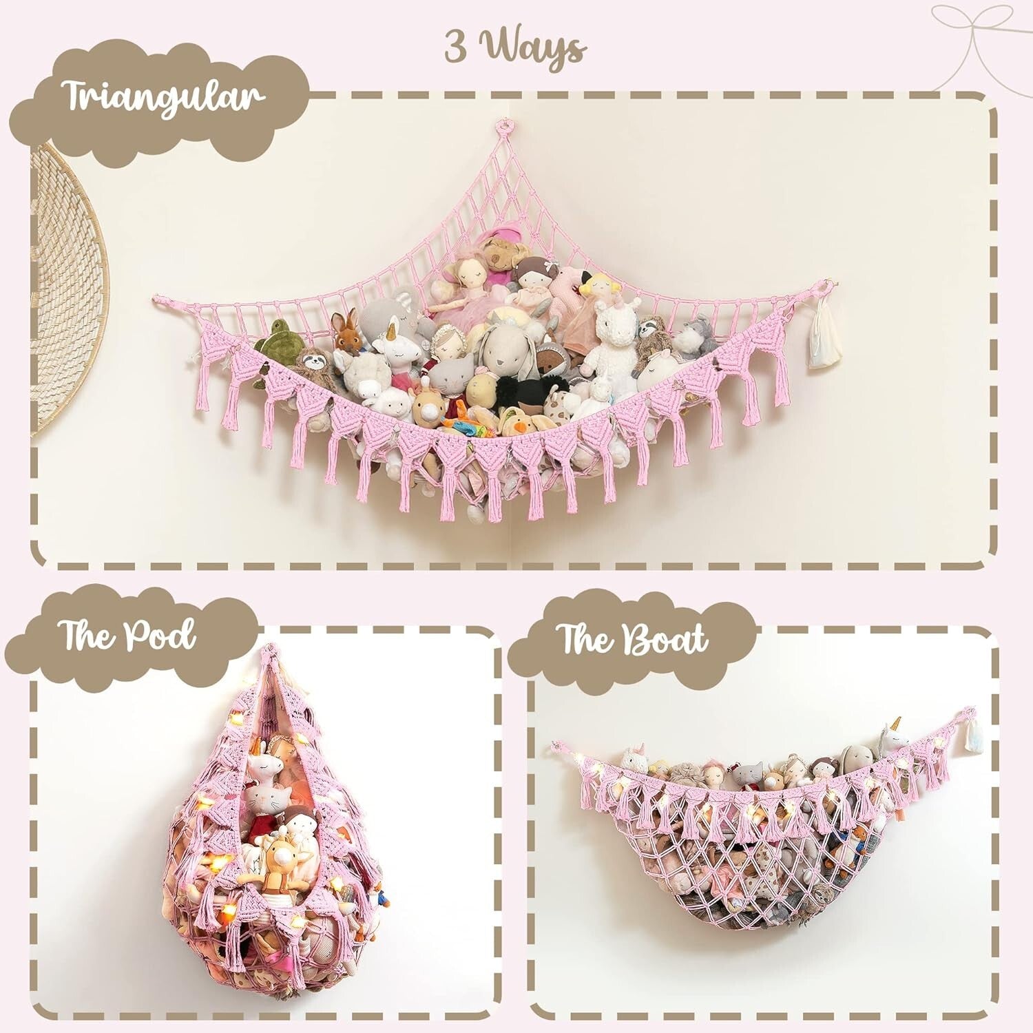 Extra Large Natural Cotton Stuffed Animal Hammock with LED Lights - Boho Storage