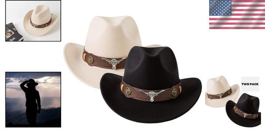 Chic 2 Pack Women's Western Style Hats with Faux Leather Band & Fashion Flair