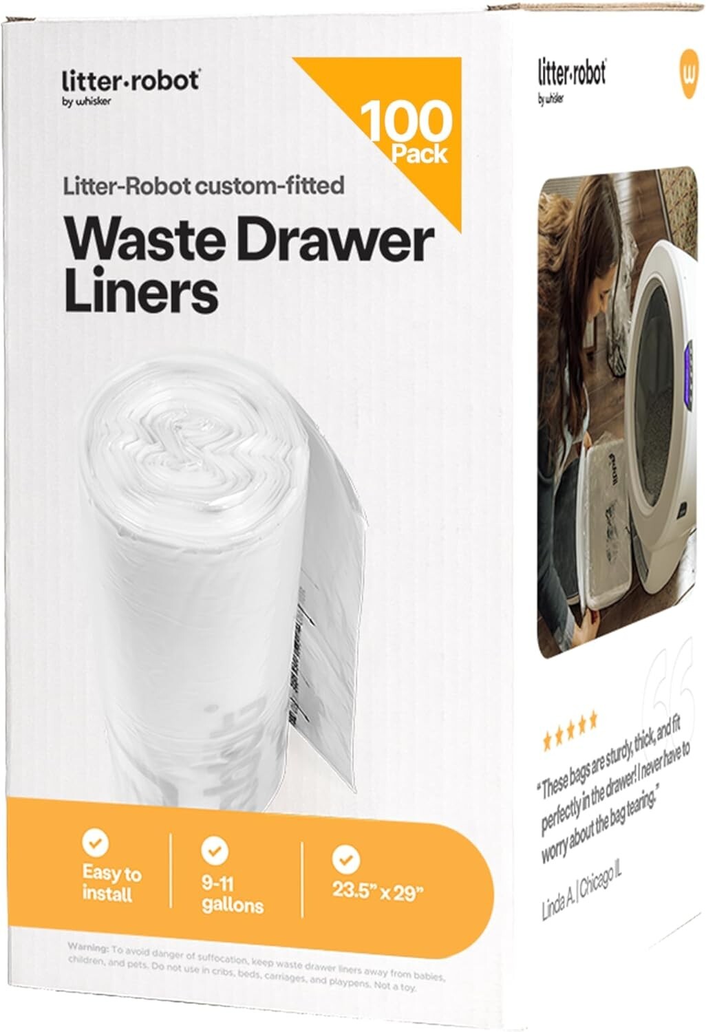 Custom Fit Litter-Robot Waste Drawer Liners - 100 Disposable Bags, 11 Gallon