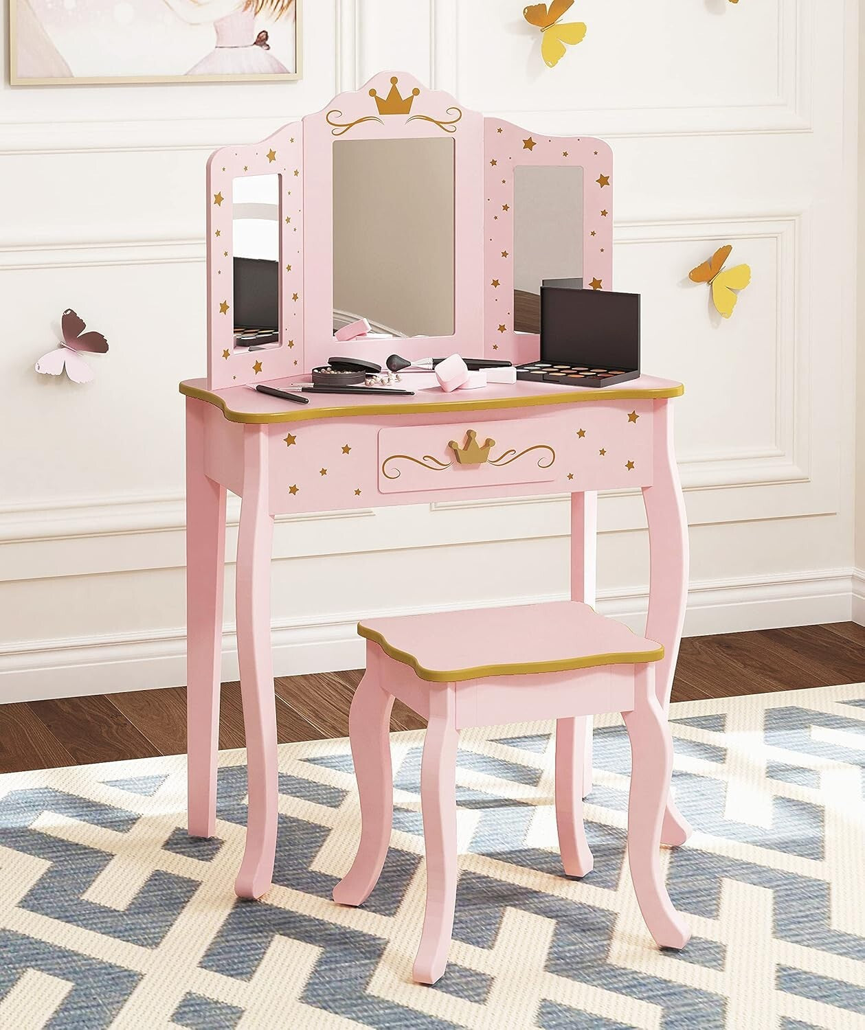 Elegant Kids Vanity Set with Pink Mirror and Stool - Perfect for Little Girls