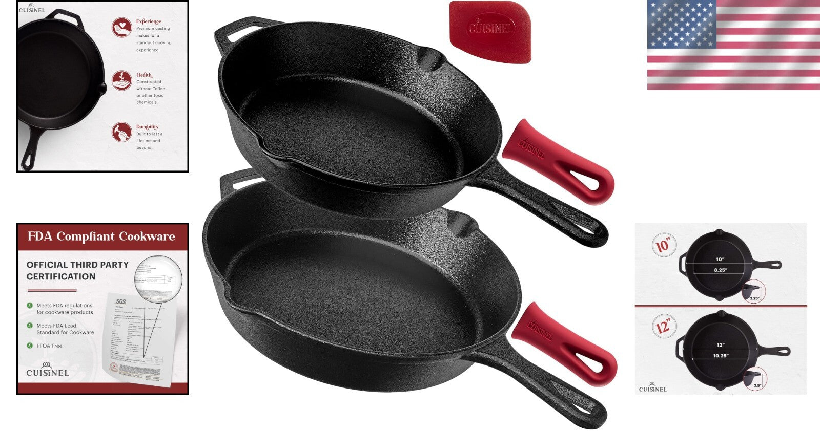 10" and 12" Cast Iron Frying Pans - Pre-Seasoned Cookware with Silicone Grips