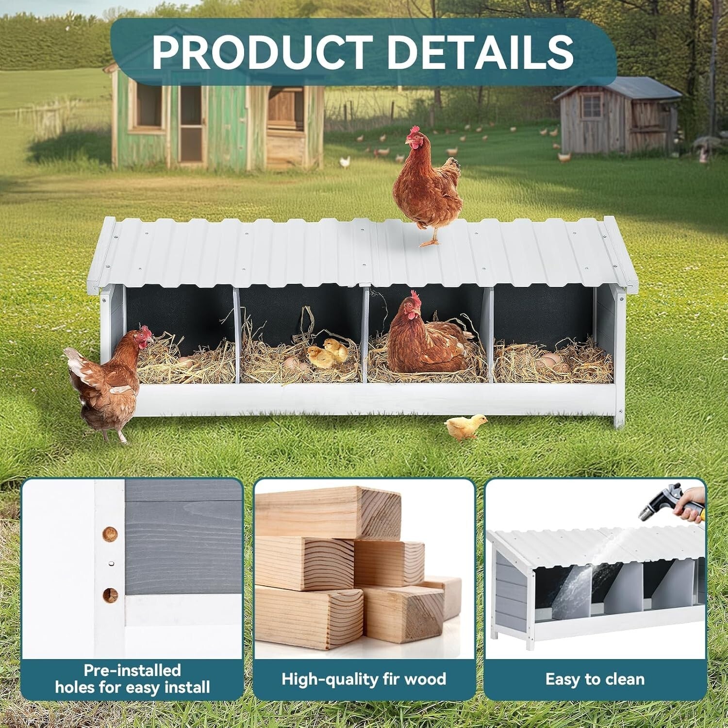 Premium Wooden Chicken Nesting Box - Weatherproof & Easy to Clean Design