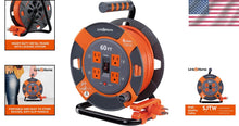 Load image into Gallery viewer, Heavy Duty 60 ft Extension Cord Reel with 4 Outlets &amp; Circuit Breaker Protection