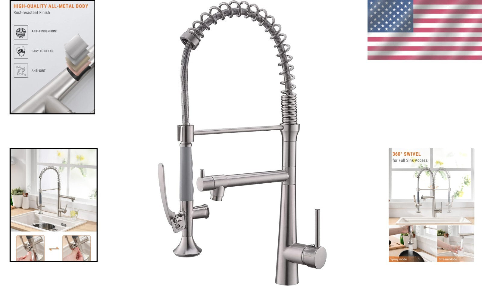 Durable Single Handle Kitchen Faucet with High Arch Gooseneck & 2-Spray Options
