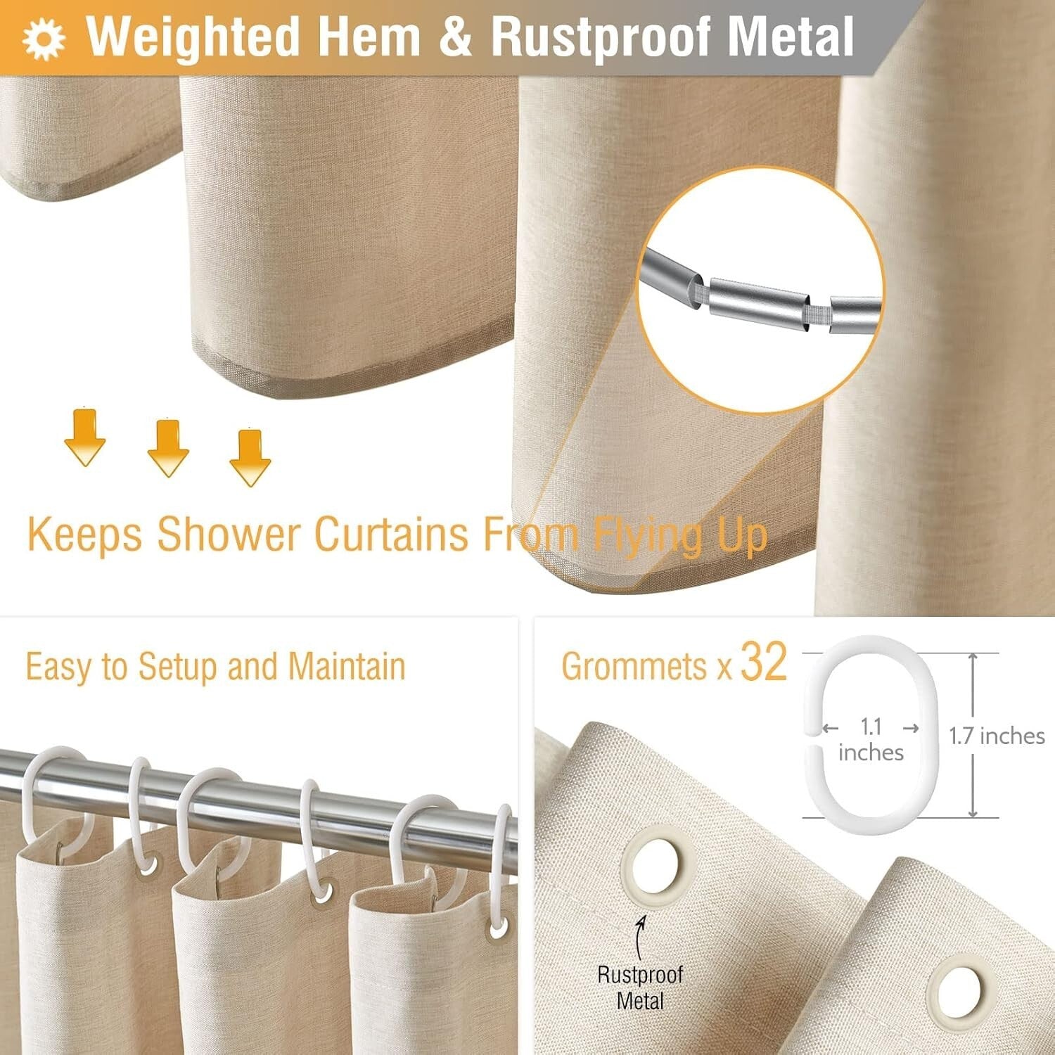 Premium Wide Shower Curtain 180" x 72" - Elegant Cream Polyester with 32 Hooks
