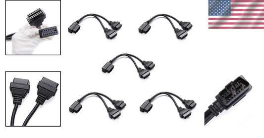 Compact 1FT Right Angle OBDII Y Cable - 16pin Male to Dual Extensions, 5-Pack