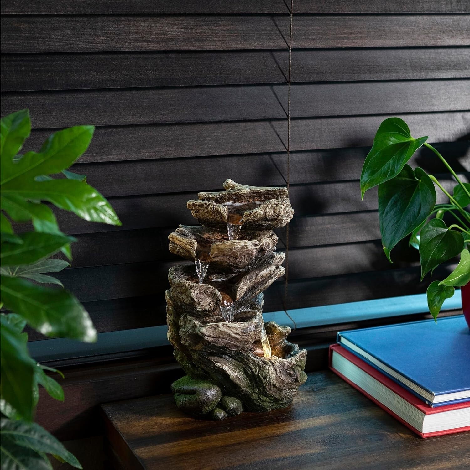5-Tier Brown Indoor Waterfall Fountain: Tranquil Tabletop Decor with Lights