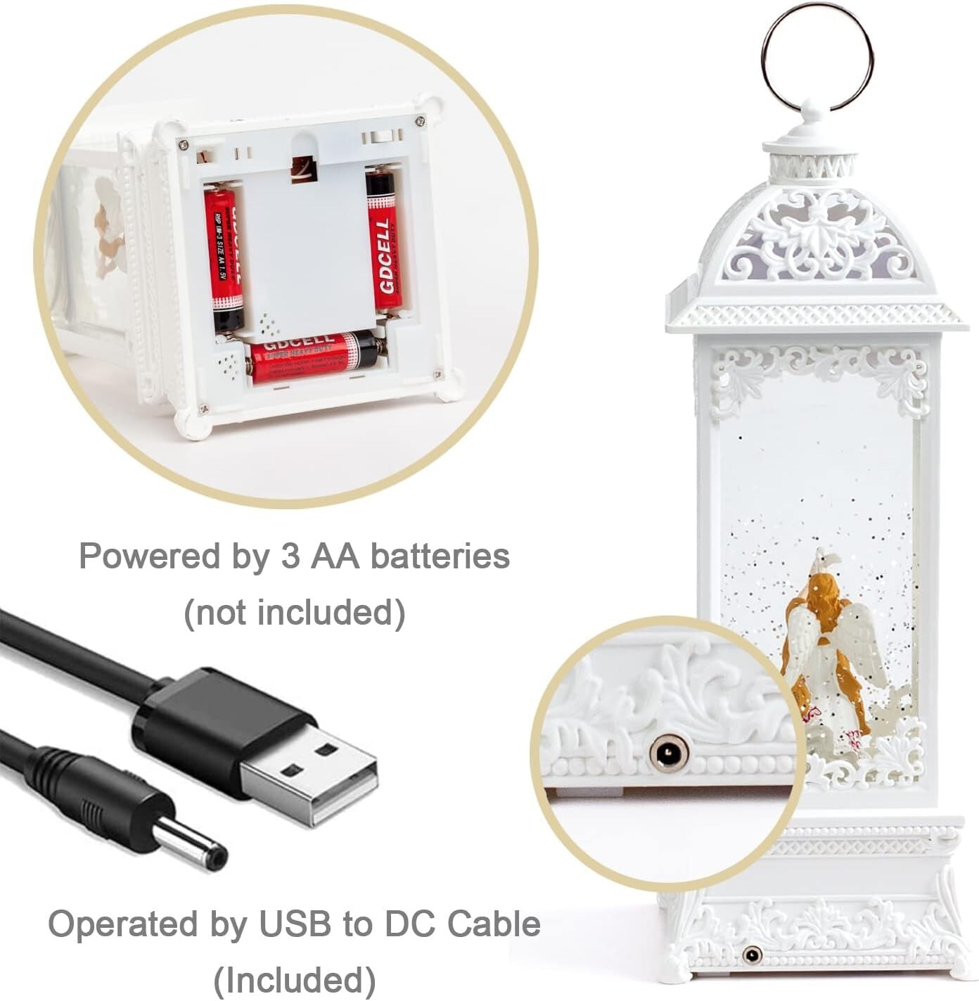 12” White Angel Lantern with Glitter & Music - USB/Battery Operated Night Light