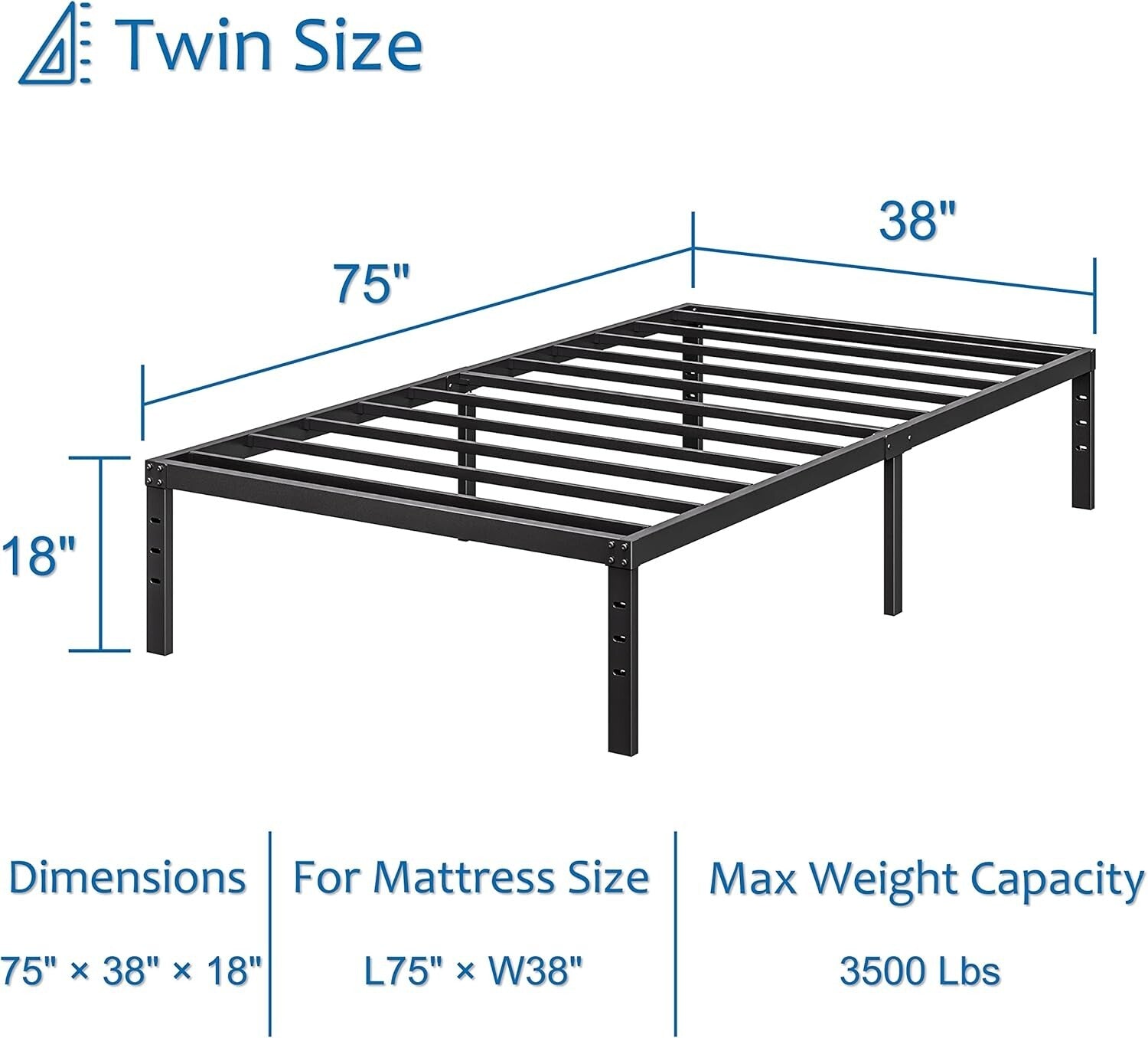 Durable 18-Inch Twin Platform Bed Frame - Supports Up To 800 lbs, Sleek Design